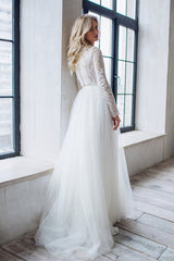 Long A-line Lace Chiffon Two Piece Wedding Dress with Sleeves