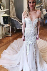Gorgeous Long Mermaid Off the Shoulder Chapel Train Tulle Wedding Dress