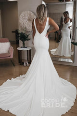 Simple Long V Neck Mermaid Satin Backless Wedding Dresses with Train