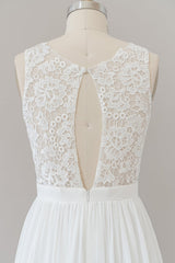 White Long A-line Straps Chiffon Lace Boho Wedding Dresses