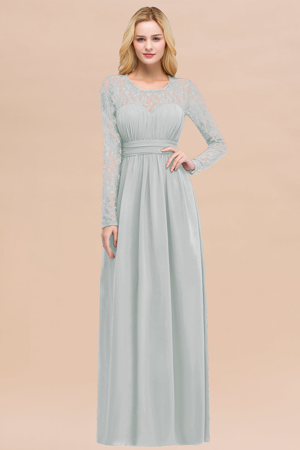 Elegant A-Line Chiffon Jewel Long Sleeves Ruffles Floor Length Bridesmaid Dresses