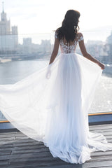 Long Chiffon Front Slit Appliques Lace Tulle A-line Wedding Dress