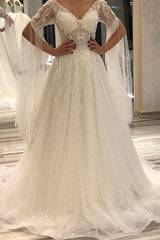 Elegant Long A-Line V-neck Short Sleeve Backless Appliques Lace Floor Length Wedding Dress