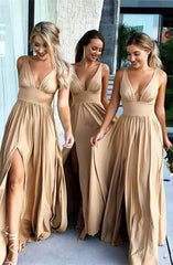 Elegant Long A-line V-neck Chiffon Sleeveless Bridesmaid Dress with Slit