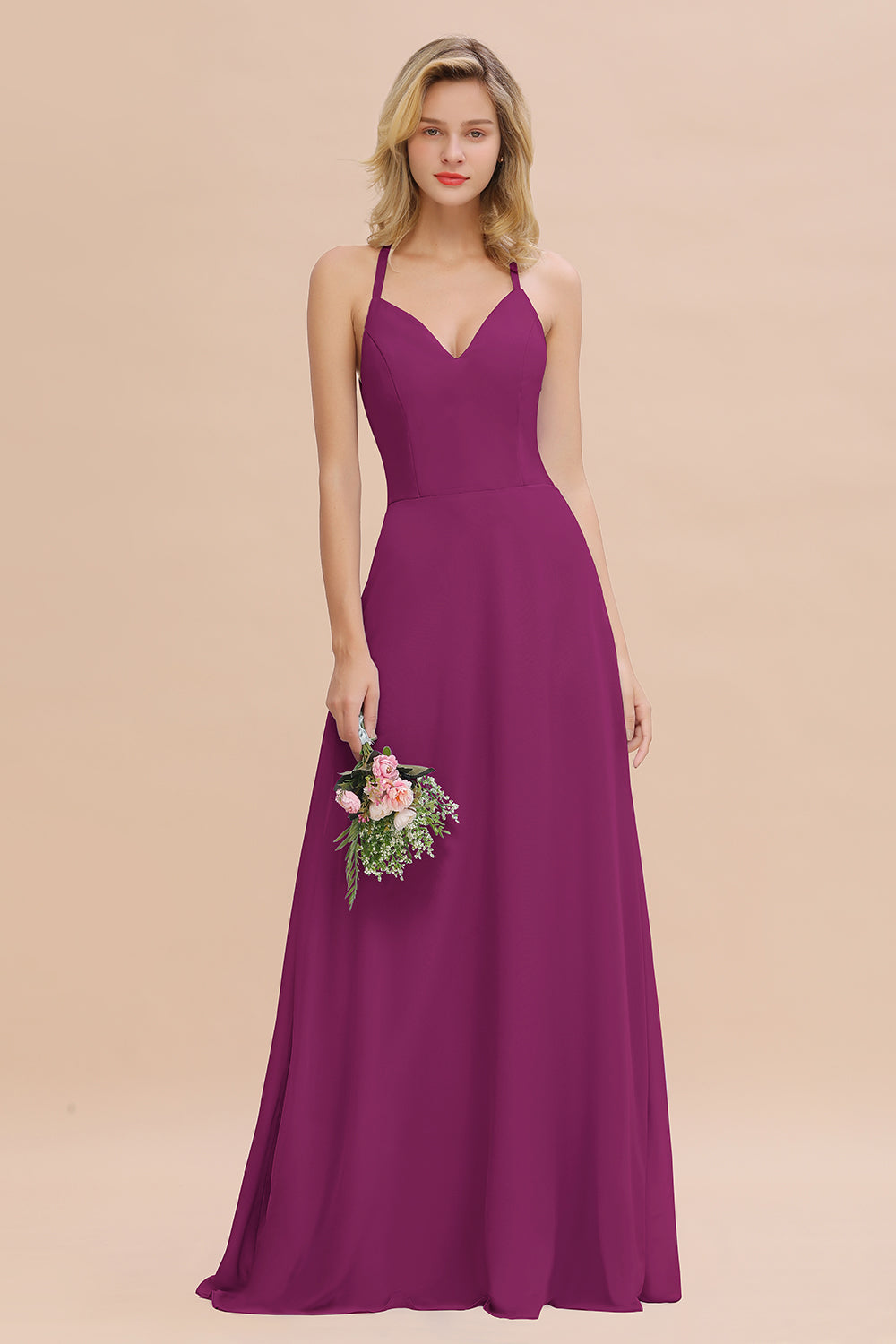 Stylish Chiffon Spaghetti Straps Sleeveless Long Bridesmaid Dress