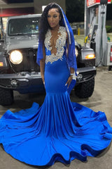 Royal Blue Sleeveless Long Mermaid V-Neck Prom Dress with Beads