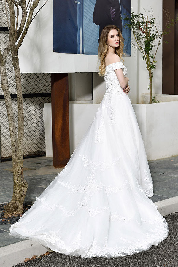 Gorgeous Long A-Line Lace Off Shoulder Satin Wedding Dress