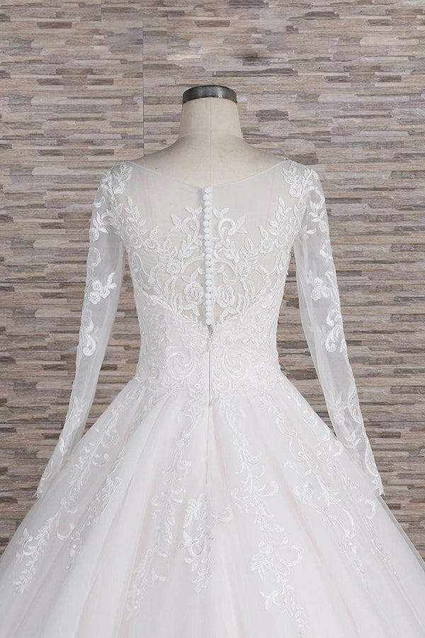 Elegant Long A-line Appliques Lace Tulle Wedding Dress with Sleeves