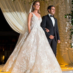 Elegant Long A-line V-neck Lace Floral Wedding Dresses