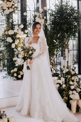 Square Neckline A-line Lace Long Sleeves Floor Length Wedding Dress
