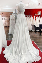 Modest Long A-line Chiffon Jewel Ruffles Appliques Open Back Wedding Dress