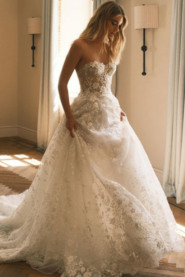 Elegant Long A-line Flower Open Back Lace Sweetheart Floor Length Wedding Dress