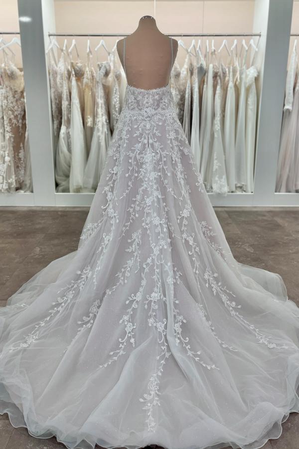 Long Spaghetti Straps A-Line Tulle Appliques Lace Open Back Wedding Dress