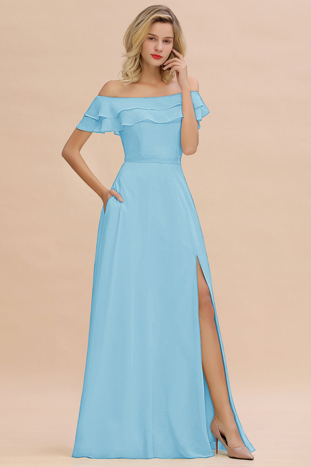 Off the Shoulder Front Slit Mint Green Long Bridesmaid Dress