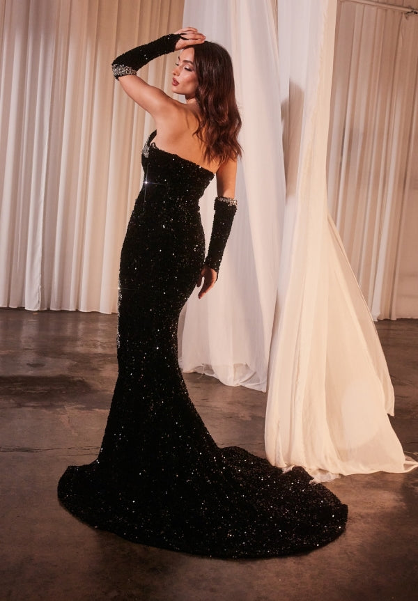 Black Long Sequin V-neck Floor Length Mermaid Prom Dress with Split Front