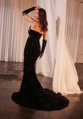 Black Long Sequin V-neck Floor Length Mermaid Prom Dress with Split Front