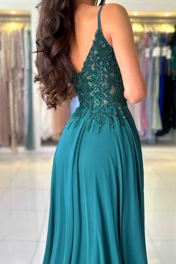 Elegant Long A-line Spaghetti Straps V-neck Chiffon Prom Dress with Silt
