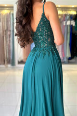 Elegant Long A-line Spaghetti Straps V-neck Chiffon Prom Dress with Silt