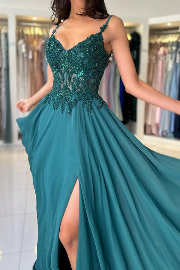 Elegant Long A-line Spaghetti Straps V-neck Chiffon Prom Dress with Silt