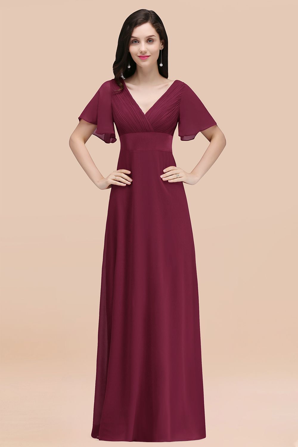 Simple A-Line Chiffon V-Neck Short Sleeves Ruffles Floor Length Bridesmaid Dresses