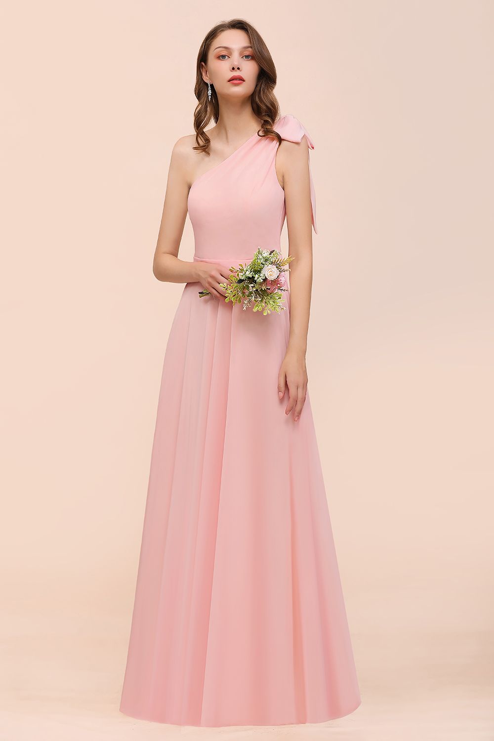 Pink One Shoulder A-Line Soft Chiffon Floor Length Bridesmaid Dress With Bowknot