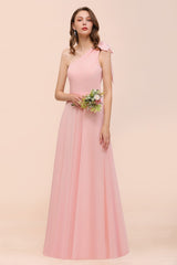 Pink One Shoulder A-Line Soft Chiffon Floor Length Bridesmaid Dress With Bowknot