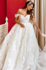 White Long A-line Off the Shoulder Lace Tulle Wedding Dress with Chapel Train