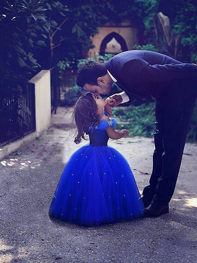 Royal Blue Long Off the Shoulder Ball Gown Tulle Flower Girl Dresses