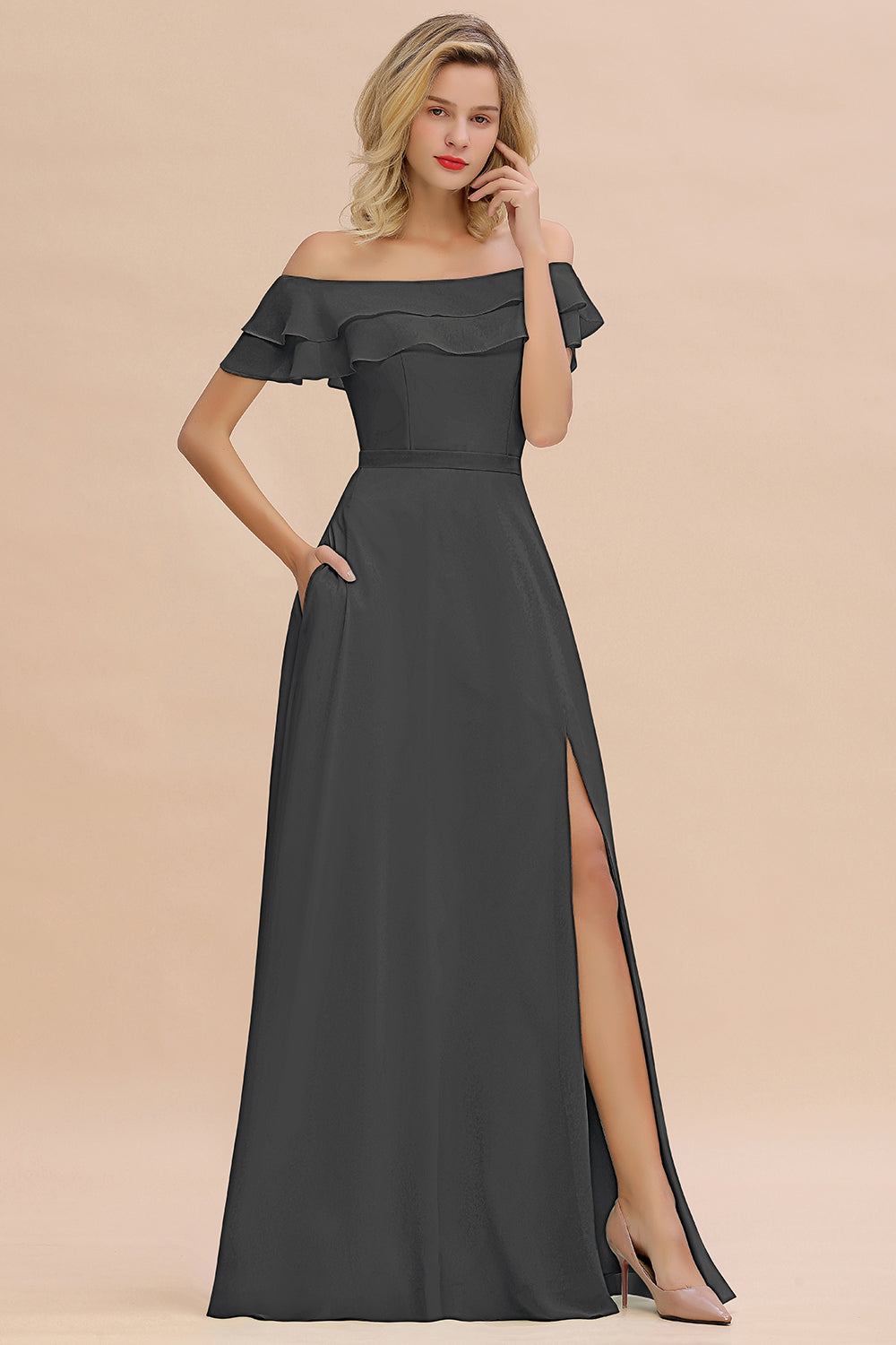 Off the Shoulder Front Slit Mint Green Long Bridesmaid Dress