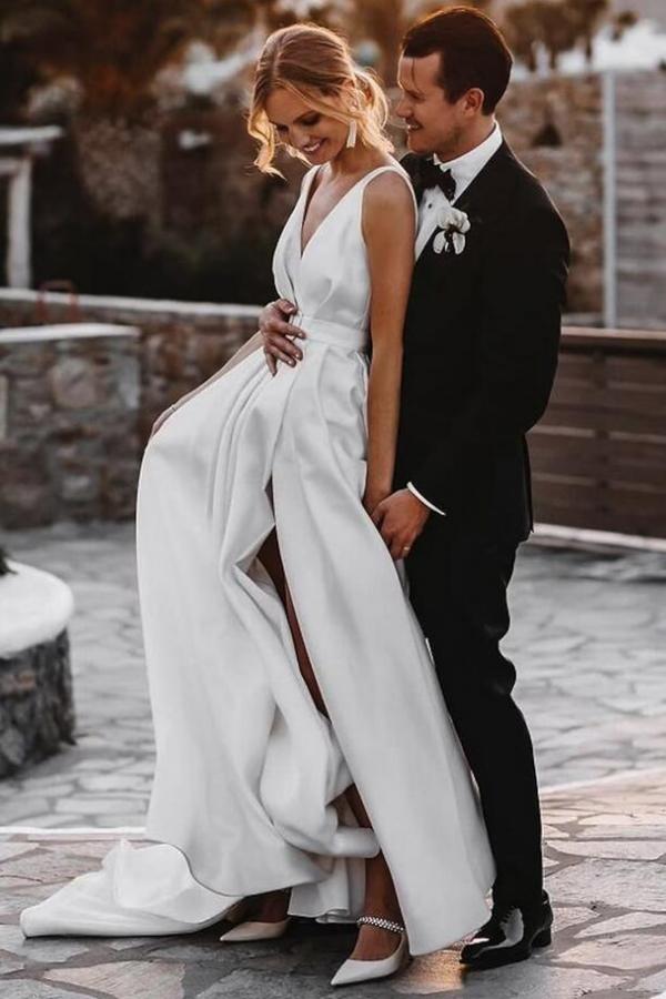 Elegant Long A-Line V-neck Satin Sleeveless Front Split Wedding Dress with Ribbons