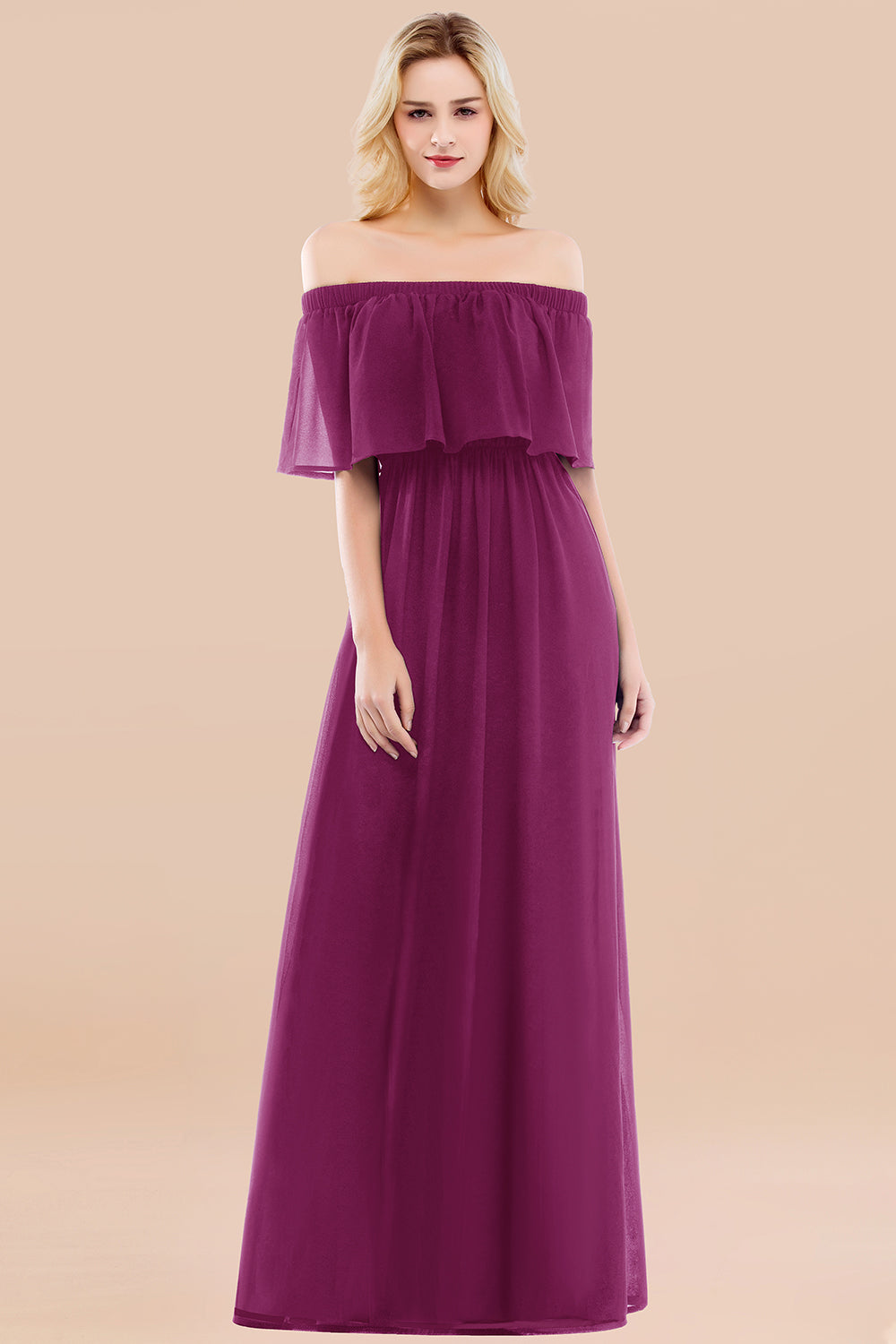 A-line Chiffon Off the Shoulder Short Sleeves Ruffles Floor Length Bridesmaid Dress