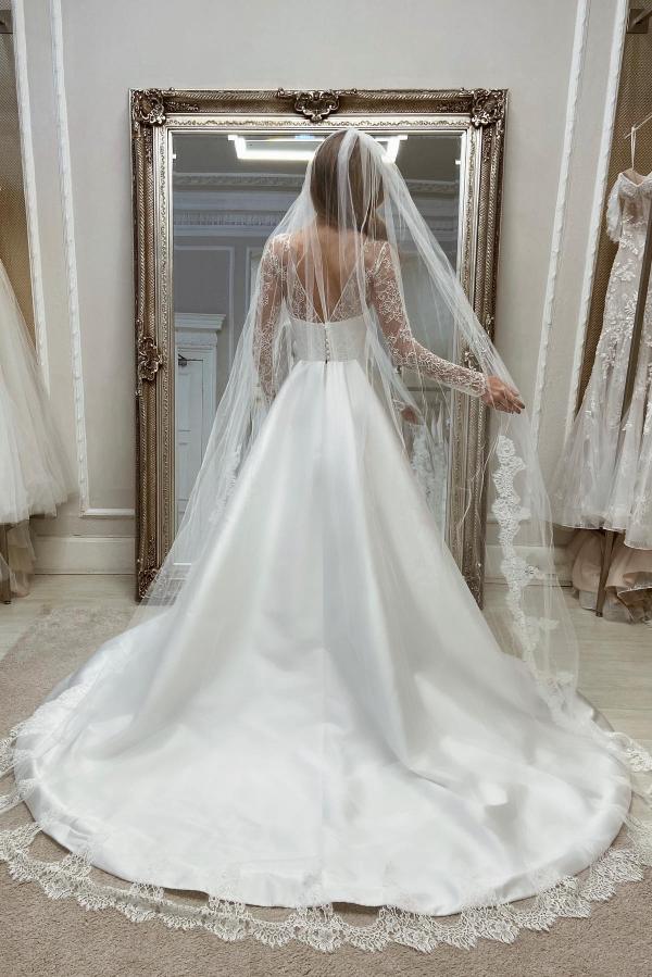 Long Sleeves A-line Sweetheart Satin Lace Front Slit Wedding Dresses with Pockets