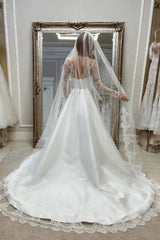 Long Sleeves A-line Sweetheart Satin Lace Front Slit Wedding Dresses with Pockets