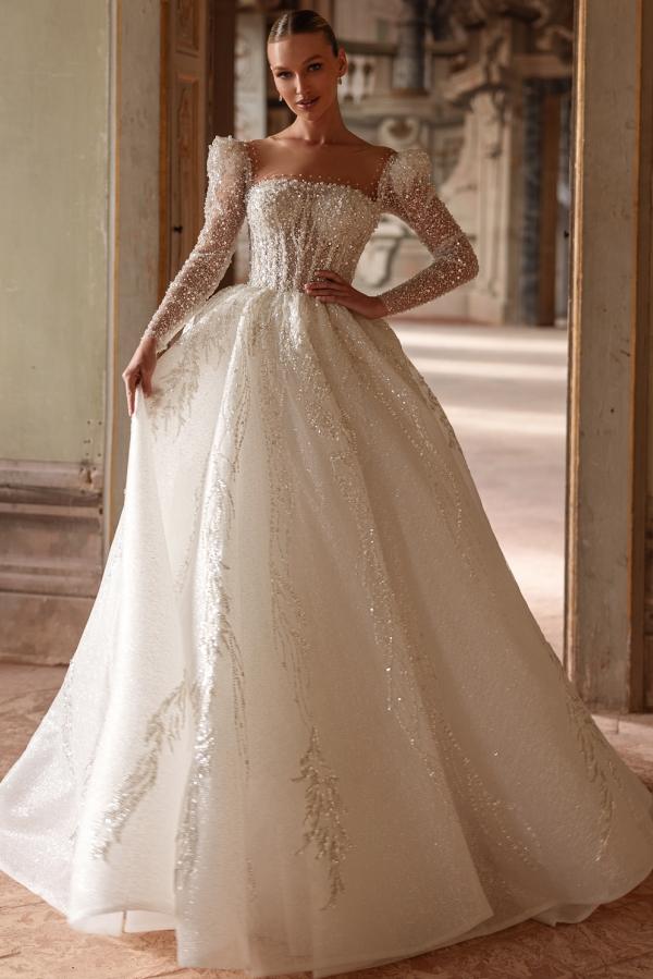 Square Neck Long Sleeve Floor Length Tulle Wedding Dress with Sequins and Beads