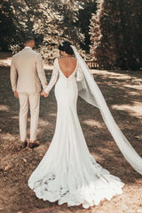 Long Mermaid V-neck Satin Lace Backless Wedding Dress with Sleeves