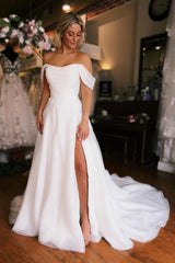 White Long A-line Off the Shoulder High Slit Backless Wedding Dresses