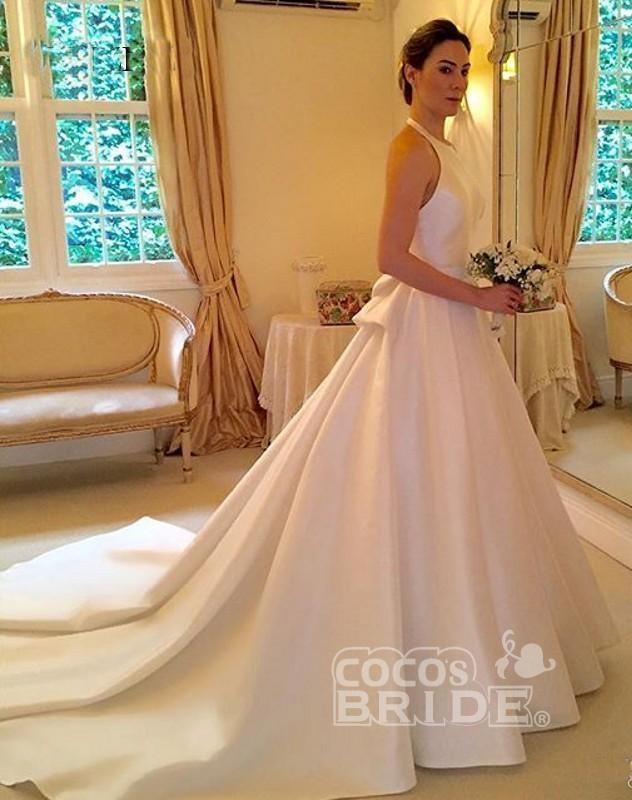 Simple Long A Line Halter Satin Backless Sleeveless Wedding Dress with Bow