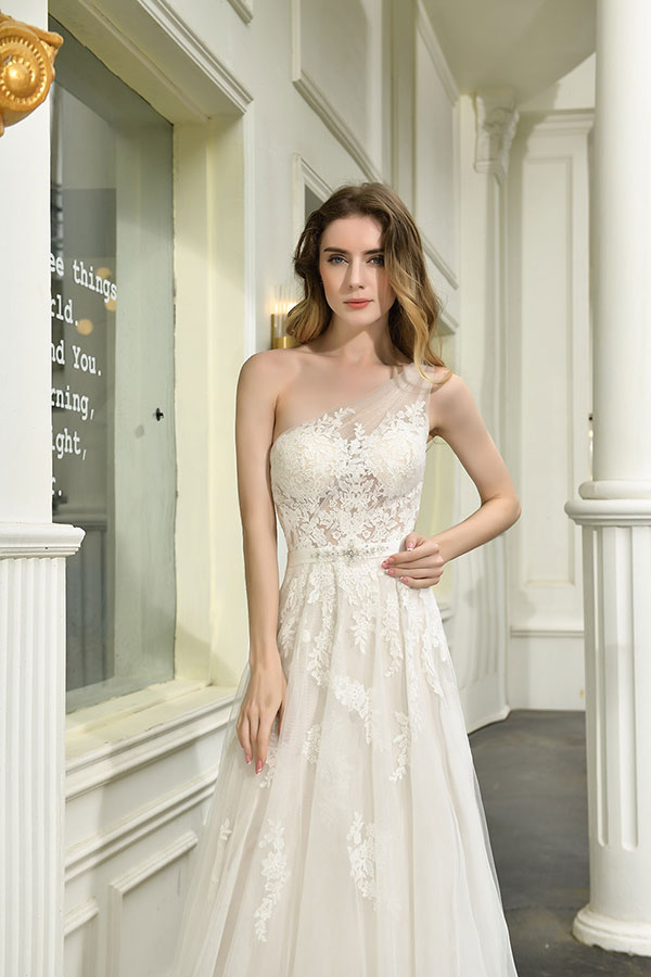 Chic Long One Shoulder Tulle Lace A-Line Wedding Dress