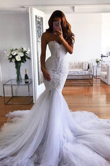 White Long Mermaid Sweetheart Sweep Train Tulle Lace Appliqued Wedding Dress