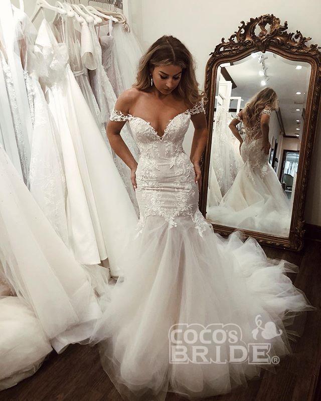 Off the Shoulder Mermaid Lace Long Tulle Wedding Dress