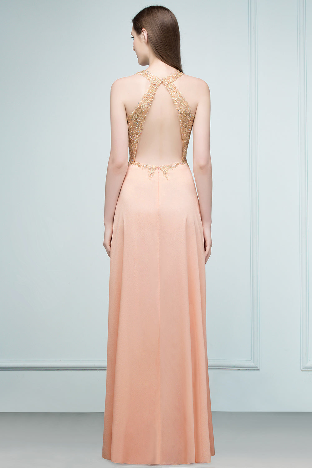 Long V-neck Chiffon Lace A-line Evening Dress