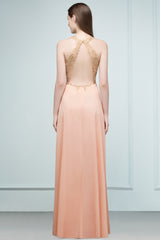 Long V-neck Chiffon Lace A-line Evening Dress