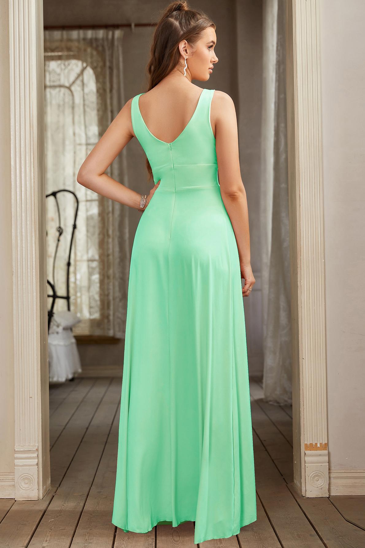 Dark Navy Long V-Neck Ruffle Chiffon Bridesmaid Dress with Split
