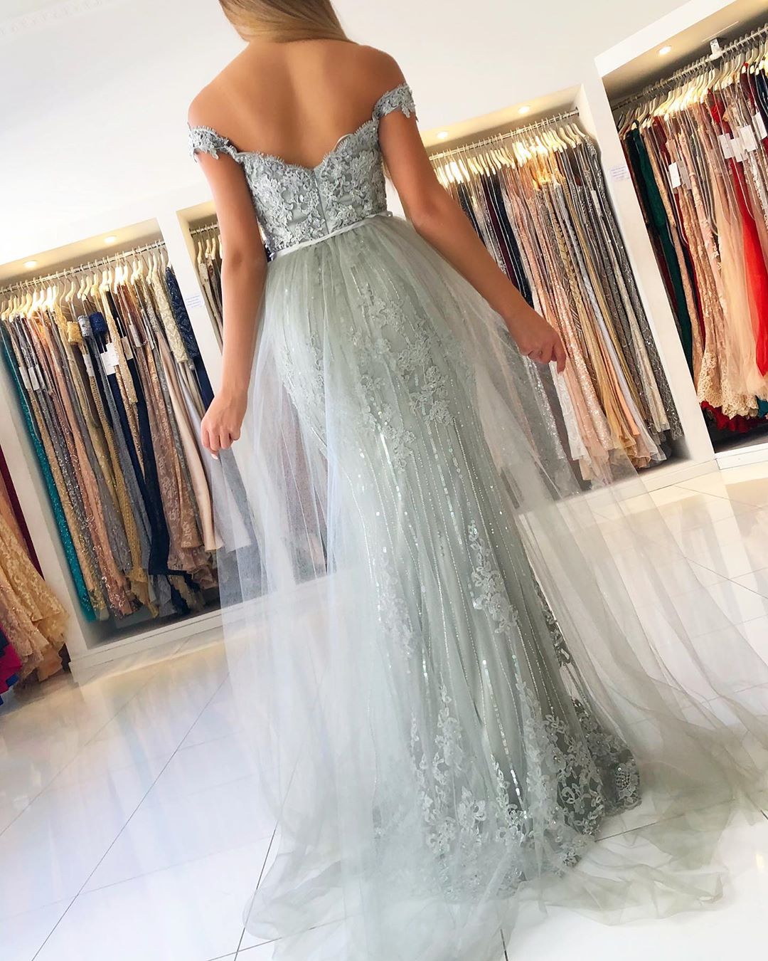 Long Mermaid Off the Shoulder Tulle Lace Prom Dress