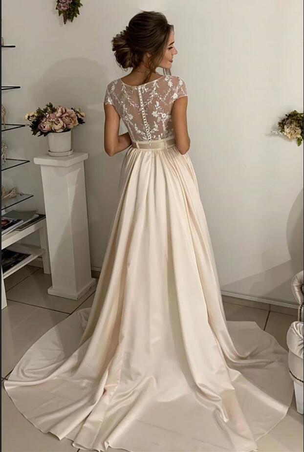 Simple Long A-line Jewel Stretch Satin Lace Wedding Dresses