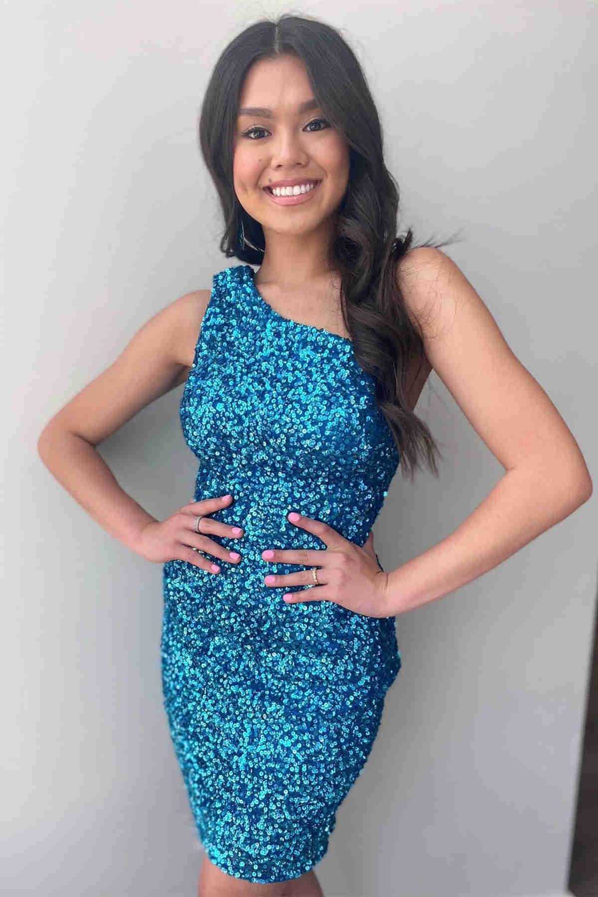 Mermaid Sequin Lace-Up One Shoulder Red Short Homecoming Dress