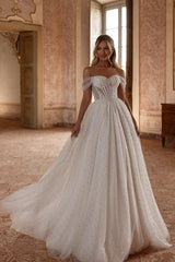 White Long Open Back Off The Shoulder A Line Tulle Floor Length Wedding Dress with Beads