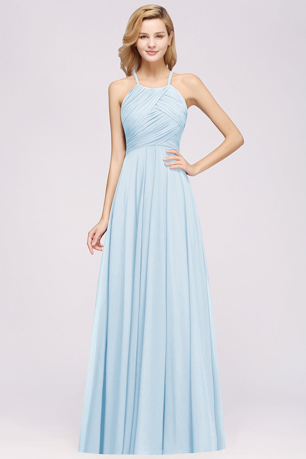 A-Line Chiffon Halter Ruffles Floor Length Bridesmaid Dress