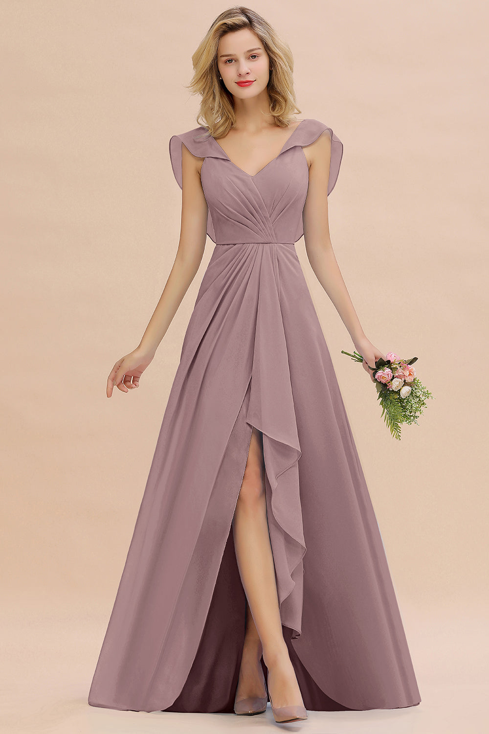 Simple High Low A-line V-Neck Ruffles Chiffon Bridesmaid Dress