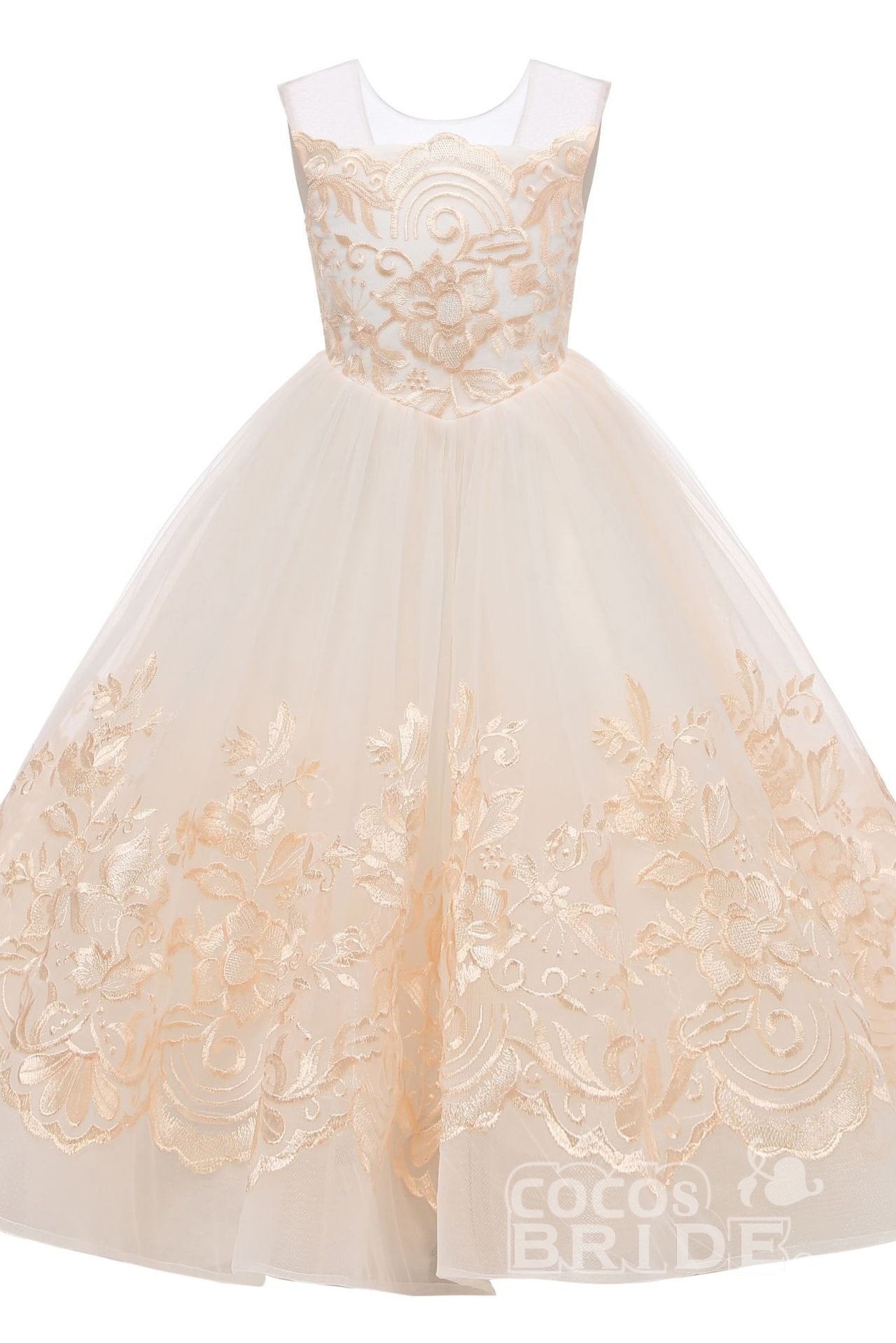 Long Scoop Neck Sleeveless Ball Gown Lace Flower Girl Dress